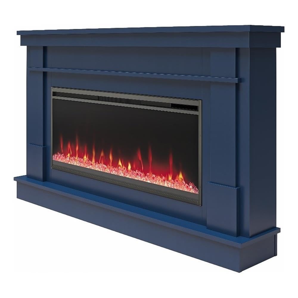 Novogratz Waverly 64 Inch Electric Fireplace with Mantel, Replaceable Fireplace Insert Heater, Remote Control, Timer, Color Changing Crystal Ember Flames, for Living Room or Bedroom, Navy