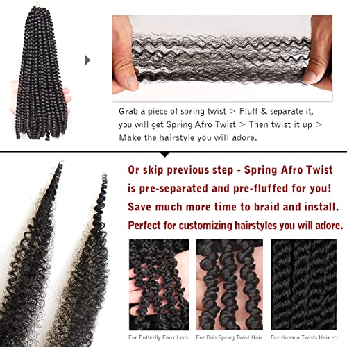 16 Inch Pre-Separated Springy Afro Twist Hair 8 Packs Spring Twist Hair For Distressed Soft Locs Natural Black Marley Twist Crochet Braiding Hair Synthetic Hair Extensions (8 Strands/Pack,1B#)