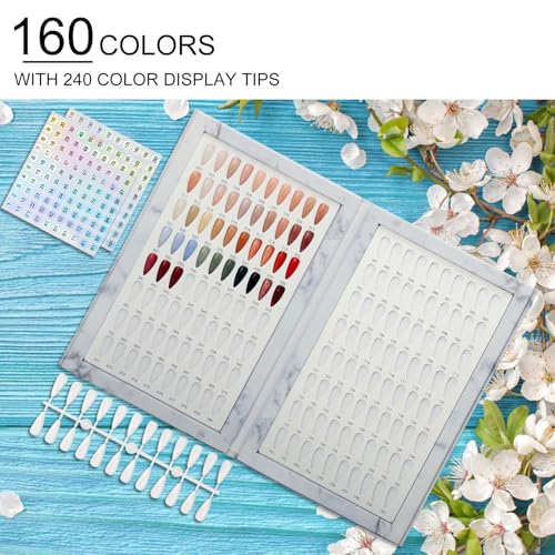 160 Nail Color Book,with 240 Nail Tips & 1-200 Number Stickers Labels,Professional Color Swatches Book for Polish UV Gel(White)