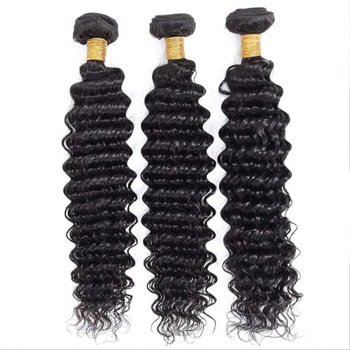 Human Hair Bundles Deep Wave 14 16 18 Inch Curly Bundle Human Hair 100% Unprocessed Brazilian Virgin Hair 3 Bundles for Women Wet and Wavy Hair Bundle Weave Extensions Natural Black