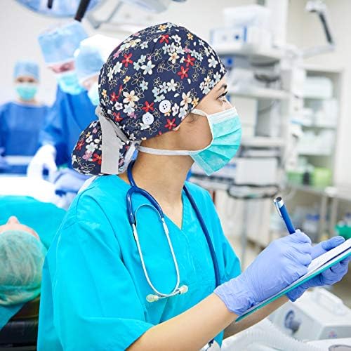 Honoson 6 Pcs Scrub Caps Women Nursing Hats with Buttons Adjustable Bouffant Nurse Hats Ponytail Holder Bouffant Turban