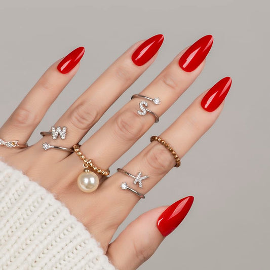 30Pcs Christmas Red Almond Press On Nails Reusable Fake Nails- Supremely Fit & Natural Soft Gel Nails,15 Sizes, Reusable Fake Nails Kit with Gift Box for Women (Warm Red)