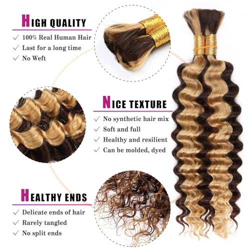 4/27 Honey Blonde Human Braiding Hair Deep Wave Bulk,Highlight No Weft Curly Hair Extensions for Boho Braids Wet and Wavy Braiding Human Hair Bundles(18inch,4/27,100g)