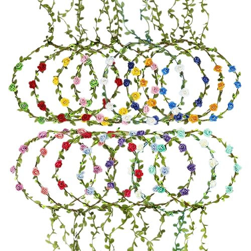 15 Pack Assorted Colored Rose Flower Crown Headband Garland Multicolor Headbands Wreath Floral Bohemian Headpiece for Vacation Fairy Party Wedding Festival