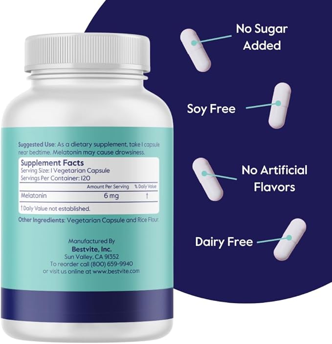 BESTVITE Melatonin 6 mg - 120 Veg Caps - No Stearates - No Sucralose, No Dextrose, No Silicon Dioxide, No Mannitol - Vegan - Non-GMO - Gluten-Free