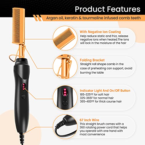 Hot Comb Set 7Pcs, Electric Hair Straightener Pressing Comb for Black Hair, Hot Comb Set with Wig Wax Stick, Lace Band, Rat Tail Comb ＆Salon Clips