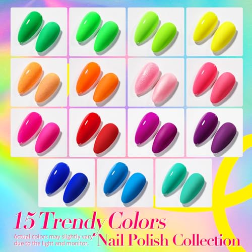 Born Pretty Neon Nail Polish Set, 15 Colors Spring Summer Nail Polish Quick Dry Nail Polish Kit Hot Pink Yellow Green Blue Nail Lacquer Glossy Nail Polish Manicure Set