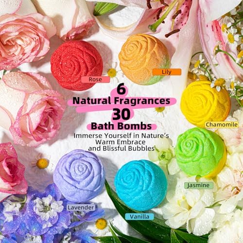30 Rose-Shaped Bath Bombs – Handmade with Natural Ingredients, 6 Calming Scents, Relaxing Spa Gifts for Women, Men, Teens & Kids – Self Care Gifts for Summer & Birthdays
