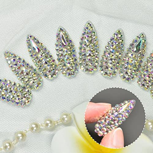 Handmade Press on Nails Full Cover Luxurious 3D Crystal False Nails Super Extra Long Stiletto Diamonds Art Decoration Fake Nails Manicure Kit Nail Art Tips Gift for Women Girls Wedding Party