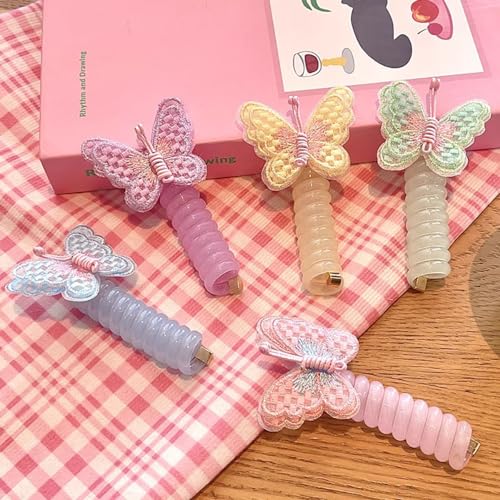 10Pcs Embroidered Butterfly Headband Spiral Hair Ties No Damage,Colorful Butterfly Telephone Wire Hair Bands for Kid Cute Butterfly Ponytail Holders Headbands Telephone Cord Hair Ties Hair Accessories