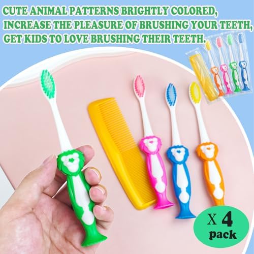 40 Pcs Disposable Toddler Toothbrushes, Suction Cup Bulk Kids Toothbrushes with 5 in Comb, Individually Wrapped Animal Toothbrush for Home, School, Camp, Daycare, Travel