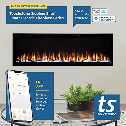 Touchstone Sideline Elite Smart 60” WiFi-Enabled Electric Fireplace - in-Wall Recessed - 60 Color Combinations - 1,500W Heater - Black - Log, Crystals & Driftwood - 80037