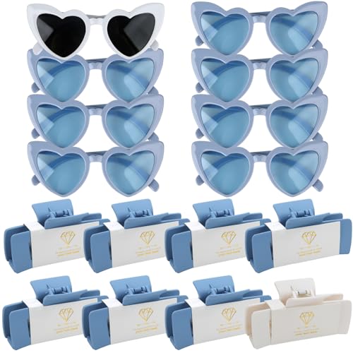 16pcs Bridesmaid Proposal Gifts 4.1inch square Bachelorette hair Claw Clip heart Sunglasses set of 16 Girls Trendy gift for Wedding Party Favors(16pcs White&Dusty Blue)