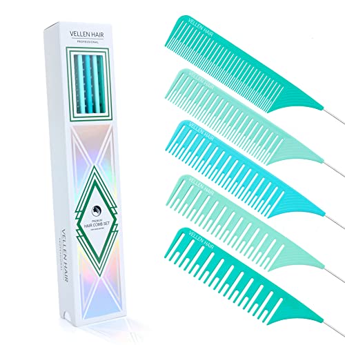 Vellen Hair Ultimate Highlight Comb Set, 5 Sizes (Mint), Heat Resistant PEI Material, Extra Long Stainless Steel Needle - Professional Balayage Comb for Hair Stylists and Colorists