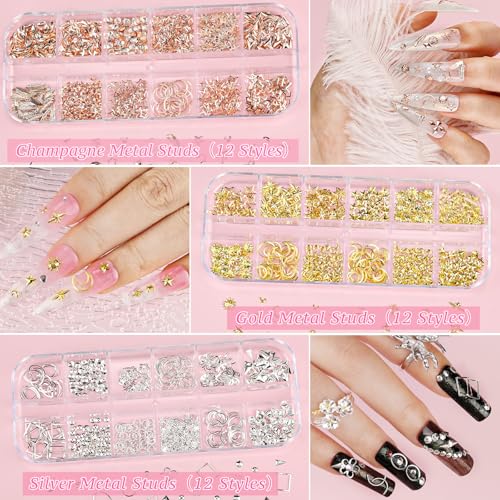 12 Boxes Nail Art Kit, Colorful Crystal Rhinestones Nail Jewels Flatback Pearls Acrylic Flower Nail Charms Caviar Beads 3D Metal Gold Studs Rivet Holographic Iridescent Sequins with Pickup Tools