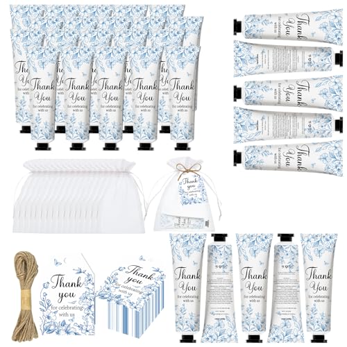 50 Sets Blue Flower Baby Shower Hand Cream Set, Favors Party for Guests Bridal Wedding Gift Bulk Baby Shower Travel Size Hand Cream Blue Flower with Thank You Card and Organza Gift Bags(blue flower)
