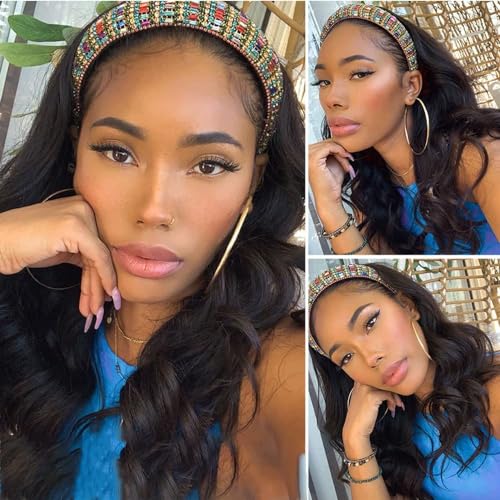 Headband Wig Human Hair Body Wave 16 Inch Glueless None Lace Front Wig Brazilian Virgin Hair Wear and Go Wigs for Black Women 150% Density Wigs Natural Black Color