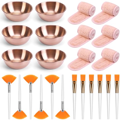 24Pcs Esthetician Supplies for Facials Set 6 Rose Gold Facial Bowls Esthetician 6 Facial Headbands 6 Facial Fan Mask Brushes & 6 Flat Brushes for Women Facial Mask Mixing Kit Facial Tools