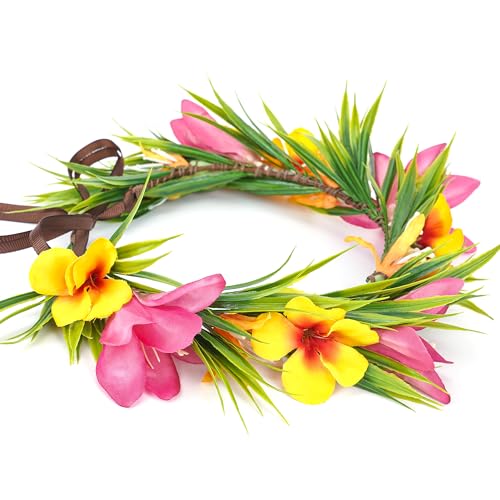 Hawaiian Leis Flower Crown - Artificial Tropical Flower Headpiece Hawaii Floral Headband with Ribbon Lei Luau Dress Up Hair Accessories for Luau Party Costume Beach Pool Vacation Decorations