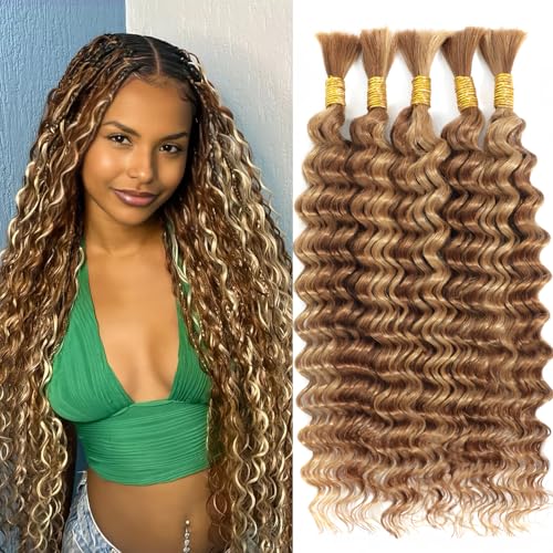 Human Braiding Hair 20 Inch 5 Bundles Deep Wave Bulk for Braiding 27/30 Ombre No Weft 100% Unprocessed 12A for Boho Braids 150g/Pack