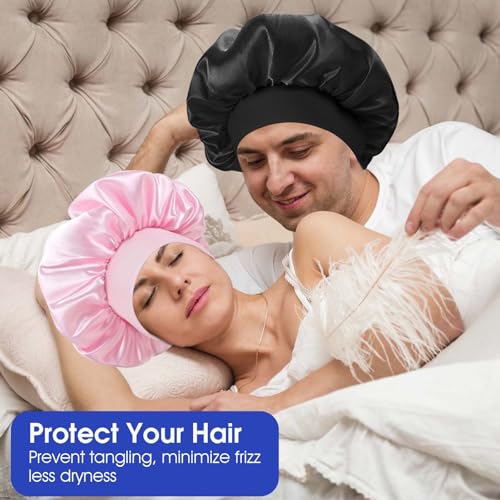 18 Pcs Satin Bonnets for Sleeping, Large Silk Bonnet Wide Band Hair Bonnet Soft Elastic Hair Wrap Cap Silky Shower Cap for Black Women Men Curly Hair