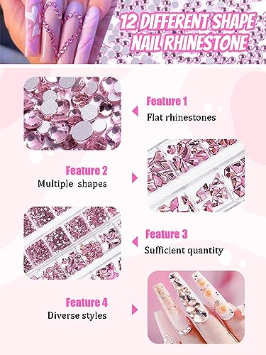 1620 Pcs Nail Art Rhinestones Pink Nail Charms Glass Nail Gems, Wsimily Crystal Flatback Shiny Mixed Nail Rhinestones Beads for DIY Manicure Craft with Tweezer Storage Box Picker Pencil