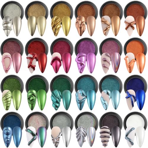 24 Colors Chrome Nail Powder Set Metallic Mirror Effect Gold Silver Pink Chrome Nail Powder White Pearl Iridescent Multi Chrome Powder for Nails Chameleon Rubbing Pigment Manicure Supplies