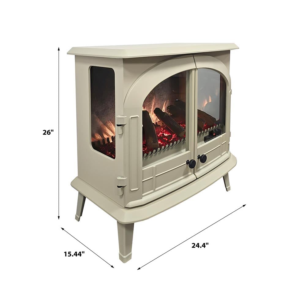 Modern Ember Harlowe Freestanding Electric Fireplace Stove Heater in Cream with Multi-Color Ember Bed | Smart Technology | Alexa/WiFi Enabled | 1500W | Indoor Portable Heater | Safety Shutoff