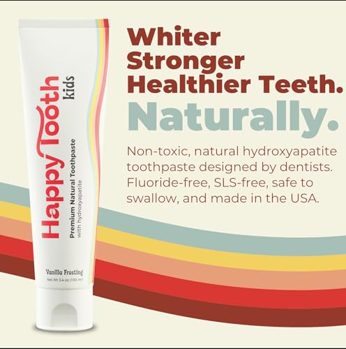 Happy Tooth Hydroxyapatite Toothpaste, Fluoride Free, Natural Whitening for Kids, Toddlers and Adults, SLS Free, Enamel Safe, Dentist Formulated with Clean Ingredients, Vanilla Frosting Flavor, 3.4oz