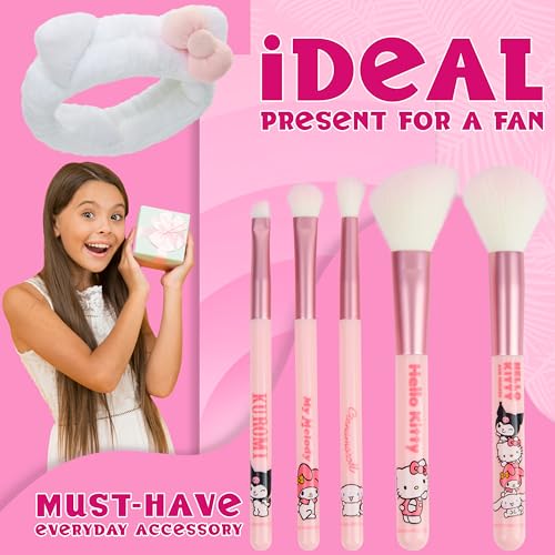 Hello Kitty Makeup Brush Set of 5 Kawaii Fluffy Makeup Headband Women Teens Girls Powder Brush Eyeshadow Brush Beauty Set Anime Cute Gifts