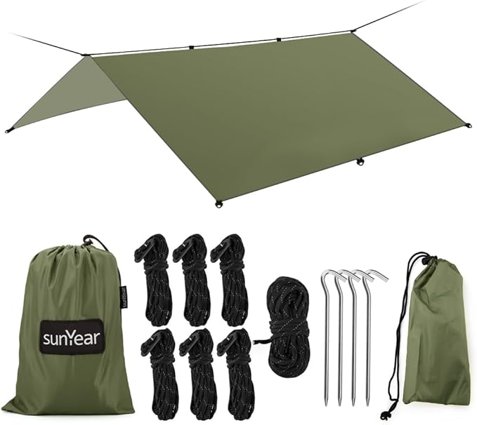 Hammock Rain Fly Tent Tarp Provides Effective Protection Against Rain, Snow. 32ft Long Ridgeline. Big 9.8x9.5ft Durable, Waterproof 210D Oxford. 6 Reflective Guy Lines, 2 Stuff Sacks. Easy Assembly