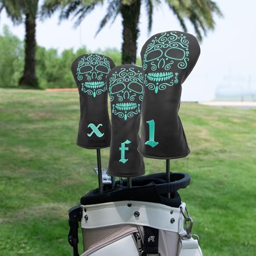 Black Golf Club Covers Skull Embroidery Driver Headcover Fairway 3 Wood Headcover Hybrid Headcover for Your Selection fits for All Brands (for driver(1pc))