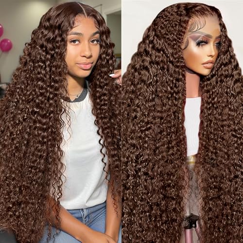 30 Inch Chocolate Brown Deep Wave Lace Front Wigs Human Hair 200 Density 13x6 HD Lace Frontal Wigs Curly Human Hair Brown Glueless Wig For Women Pre Plucked with Natural Hairline