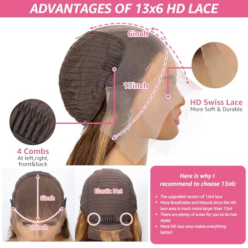 30 Inch Honey Blonde 13x6 Hd Lace Frontal Wig Human Hair 200% Density 13x6 Straight Ombre Lace Front Wigs Human Hair Highlight Honey Blonde Wig Pre Plucked with Baby Hair for Women