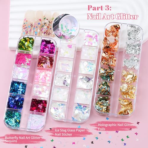 10 Boxes Nail Art Kit - 12 Colors Pointed/Flatback Rhinestones, 3D Gold/Silver/Rose Nail Studs, White Beige Half Pearls, Holographic Glitter & Foils + 3 Tools for DIY Nails & Crafts