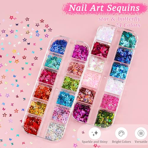 12 Boxes Nail Art Kit, Colorful Crystal Rhinestones Nail Jewels Flatback Pearls Acrylic Flower Nail Charms Caviar Beads 3D Metal Gold Studs Rivet Holographic Iridescent Sequins with Pickup Tools
