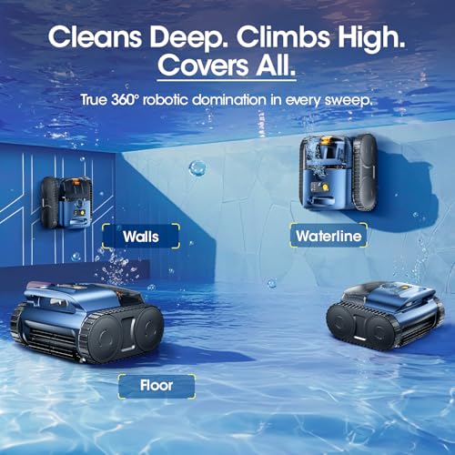 Cordless Robotic Pool Vacuum, Pool Cleaner with Track Drive & Sonar Navigation, 180W Brushless Motor, Wall & Waterline Climbing, 150-Min Runtime, for Inground & Above-Ground Pools up to 2150 Sq. Ft.