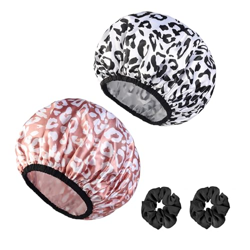 2-Pack Reusable Waterproof Shower Caps for Women, Double-Layer Elastic Bath hat,Extra Large Hair Cap for Long Curly Hair（White, Pink）