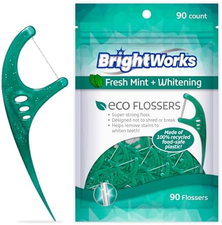 Brightworks ECO Sustainable Floss Picks - 270 Count - PFAS Free - Made in USA100% Post-Consumer Recycled Plastic, Super Strong Mint-Flavored Floss with Micro-Crystals