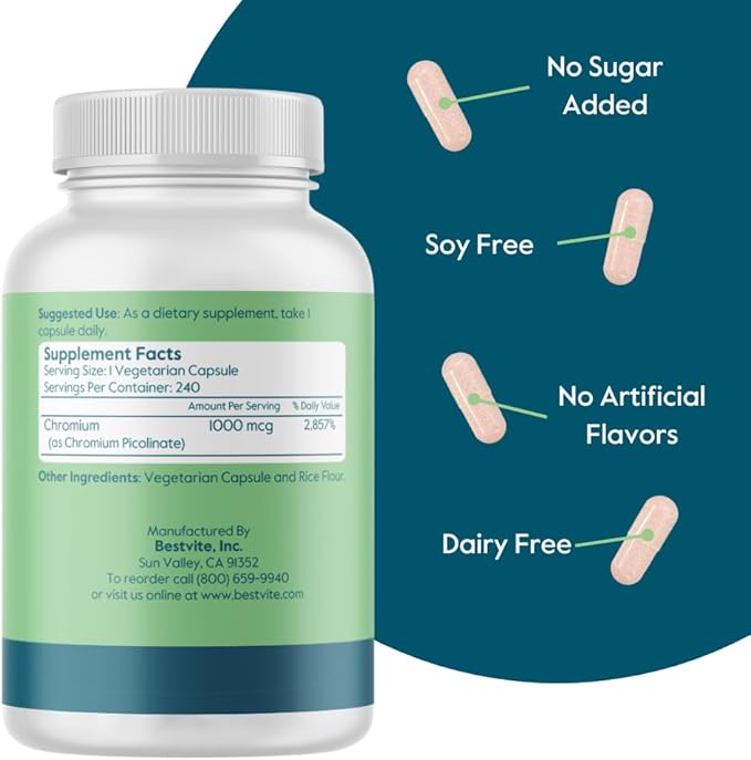 BESTVITE Chromium Picolinate 1000mcg (240 Vegetarian Capsules) - No Stearates - No Dicalcium Phosphate - Vegan - Gluten Free - Non-GMO