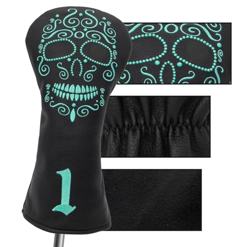 Black Golf Club Covers Skull Embroidery Driver Headcover Fairway 3 Wood Headcover Hybrid Headcover for Your Selection fits for All Brands (for driver(1pc))