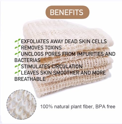 (3) 100% Natural Sisal washcloth. Exfoliating Organic loofah for a Smoother Skin. 100% Biodegradable. Anti-Cellulite + Stimulates Circulation & Energy - (3 Pcs)