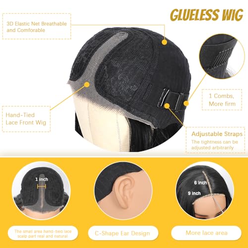 Black Wig for Women 26 Inch Pre Cut Hand-Tied Lace Long Wavy Natural Hairline Middle Part Hair Replacement Wigs for Women Beginners Natural Synthetic Wig for Daily Party 3 Seconds to Wear