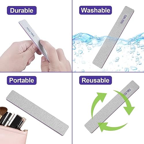 100/180 Grit Nail File (100 Pack), Emery Board Nail Files for Acrylic Nails and Natural Nails, Double Sided Emory Boards Professional Nail Filer Reusable Washable Manicure Square Gray