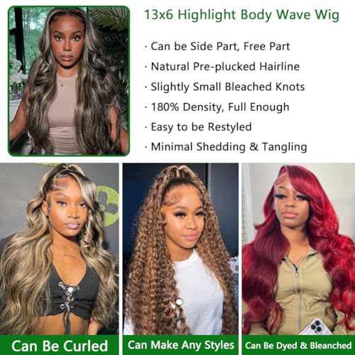28 Inch 13x6 Balayage Highlight Lace Front Wig Human Hair 13x6 HD Lace Front Wigs Human Hair Body Wave Wig 180% Density FB/27 Colored Frontal Wigs Glueless for Women Ombre