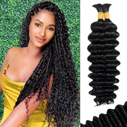 Human Braiding Hair for Boho Braids, Deep Wave Bulk Boho Braids Human Hair for Knotless Curly Bohemian Water Wave Boho Hair for Braiding 70g 16 Inch Natural Color (2 No Weft Bundles/Pack)