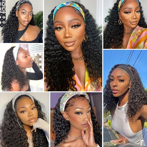 Headband Wig Human Hair Deep Wave 20 Inch Human Hair Headband Wig Glueless Curly Wigs None Lace Front Wigs for Black Women Natural Color