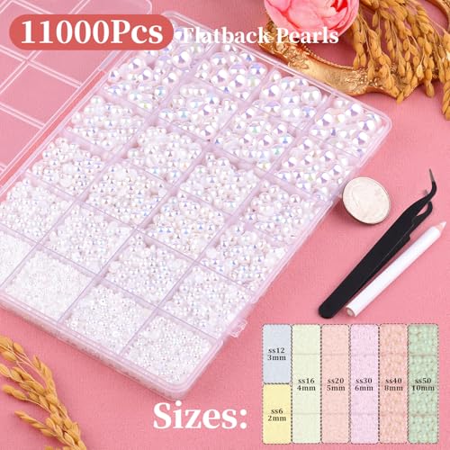 11000Pcs Flatback Pearls for Crafting (White AB), Assorted Size 2/3/4/5/6/8/10mm Half Pearl with 3Pcs 10ml B7000 Jewelry Glue, Bedazzling Bead for DIY Crafts Clothing Tumblers Shoes Nail Art