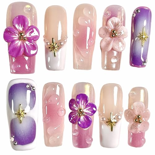 Handmade Press On Nails Medium/Long Square Pink 3D Sakura Design - Reusable French Acrylic Fake Nails with Gold Stars & Pearls, Luxury Cherry Blossom False Nails (Sakura, S)