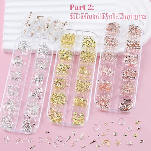 10 Boxes Nail Art Kit - 12 Colors Pointed/Flatback Rhinestones, 3D Gold/Silver/Rose Nail Studs, White Beige Half Pearls, Holographic Glitter & Foils + 3 Tools for DIY Nails & Crafts